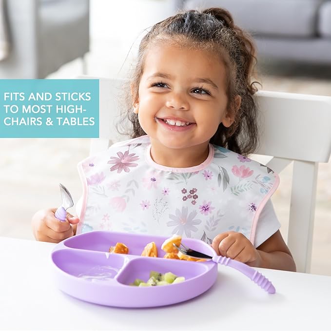 Bumkins Toddler and Baby Suction Plate, Silicone Divided Grip Dish and Lid, Babies and Kids, Baby Led Weaning, Children Feeding Supplies, Non Skid Bottom, Platinum Silicone, Ages 6 Mos Up, Lavender