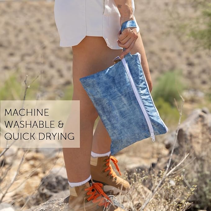 Bumkins Roamio Waterproof Wet Dry Clutch Bag for Baby, Travel, Swim Suit, Cloth Diapers, Pump Parts, Pool, Gym Clothes, Beach, Toiletry, Hook to Stroller, Pack for Daycare, Zip Pack Pouch, Faux Denim