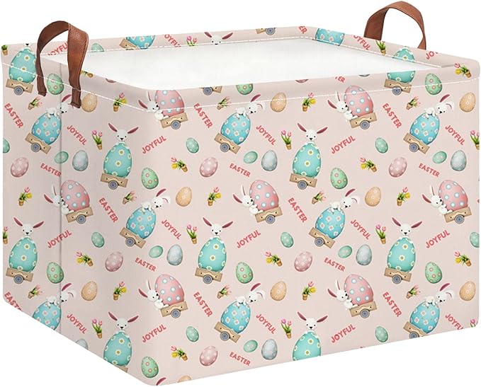 HKEC Rectangle Pink Rabbit Easter Basket with Handles,Collapsible Kids Toys Bin,Cute Baby Storage Basket,Books Box,Gift Basket(Pink Rabbit Easter Basket)