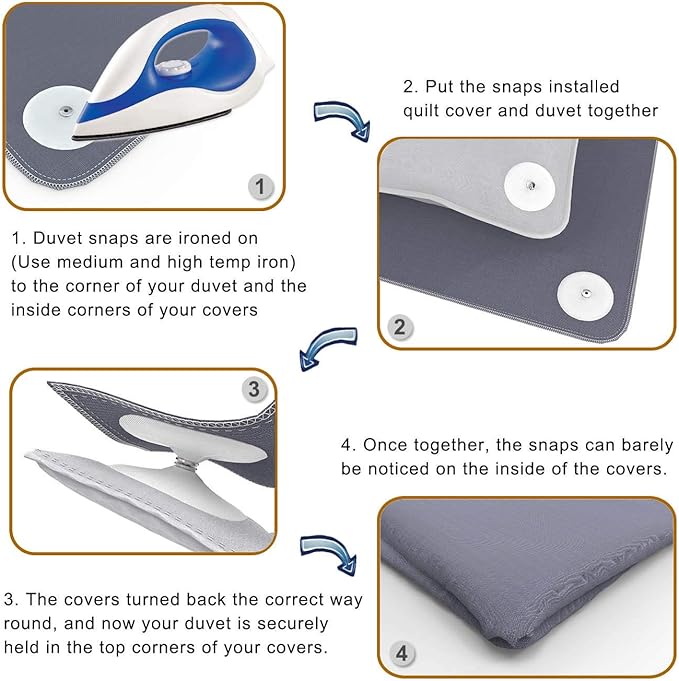 HX AURIZE Metal Iron-on Duvet Snaps (16 Pcs / 8 Sets), Heat-Resistant Comforter Clips & Corner Holders, Securely Keeps Duvet in Place without Shifting, Easy Iron-On Installation for All Bedding, White