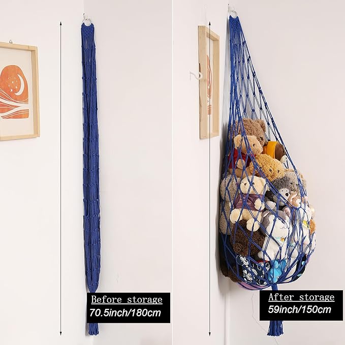 Stuffed Animal Storage Toy Hammock Corner Hanging Net for Stuff Animal Storage Macrame Toy Display Plushie Toy Holder-Wall Hanging Net for Kid Bedroom Decor Playroom Organizer (Blue XL)