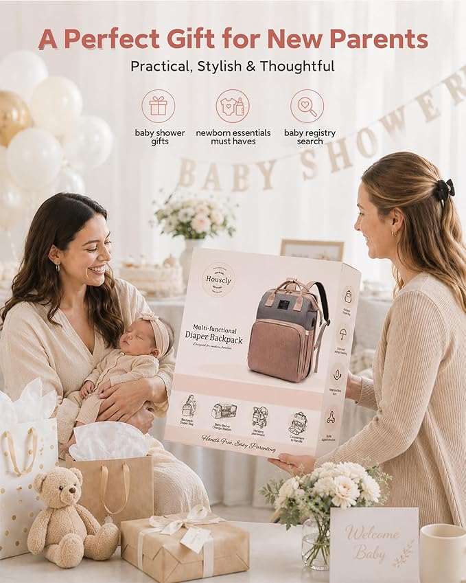 houscly Diaper Bag Backpack with Changing Station: Pink Baby Bags for Girls Boys New Mom Gifts Pañaleras Para Bebe Baby Girl Newborn Essentials Must Haves Baby Shower Gifts Baby Registry