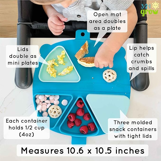 Silicone On-The-Go Snack Mat – Foldable Reusable Placemat with 3 Compartments and Lids – Travel-Friendly Baby and Toddler Snack Plate – Dishwasher Safe (Pebble)