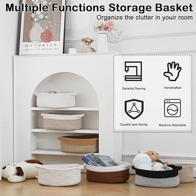 Small Woven Rope Basket-Empty Gifts Basket with Bag and Ribbons,Cute Handle Organizer Box for Birthday/Baby Shower, Toy Storage, Nursery Organizing & Shelf Decor(Jute&Mixed Brown)