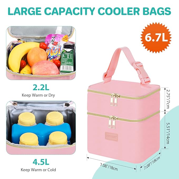 PIIOSER Insulated Baby Bottle Tote Bags with Ice Pack, Fits 4 Baby Bottles Up to 5 Ounce, Portable Breastmilk Cooler Travel Bag with Buckle for Nursing & Working Mom Daycare(Pink-XS)
