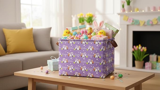 HKEC Rectangle Storage Basket with Handles,Collapsible Storage Bin,Books Box,Gift Basket(Purple Easter)