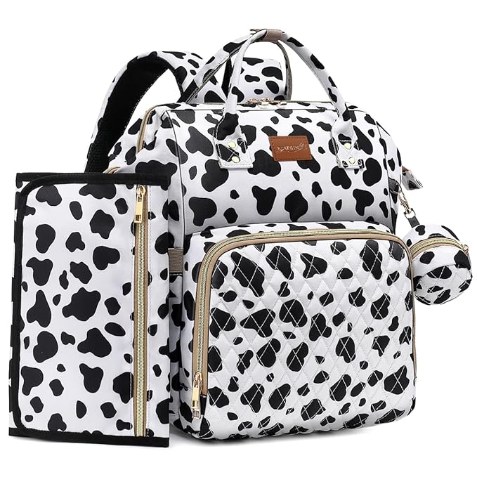 ROSEGIN Diaper Bag Backpack with Changing Pad, Pacifier Case, Baby Bag for Boy Girl Toddler - Large, Stylish, Waterproof Travel Quilted Diaper Bag for Mom - Baby Shower Registry - Cow