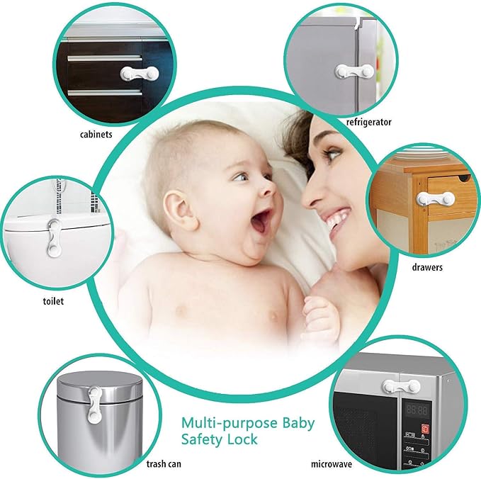 Child Safety Cabinet Locks (10 Pack) - Baby Proofing Latches Lock for Drawers, Toilet Seat, Fridge, Oven, with 10 Extra 3M Adhesives - (White)