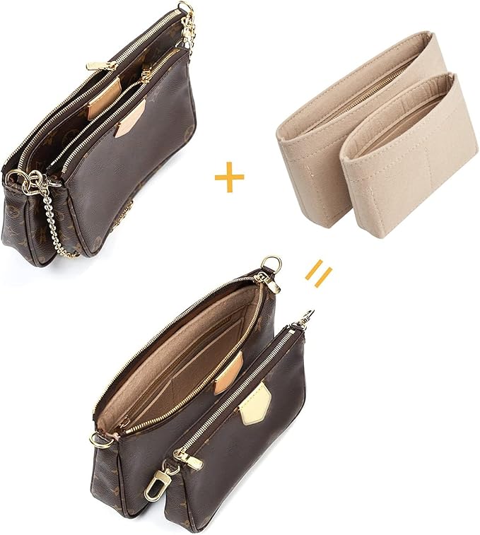 Vercord Felt Purse Organizer Insert Pochette Handbag Insert Bag in Bag for Multi Pochette Accessories Add Zipper Pocket Beige