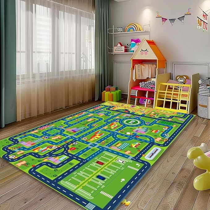 Car Rug Road Rug Kid Play Mat,Playroom Toy Car Mat,Kids Carpet City Map for Bedroom Classroom,Extra Large Thick (59X39.4 Inch)