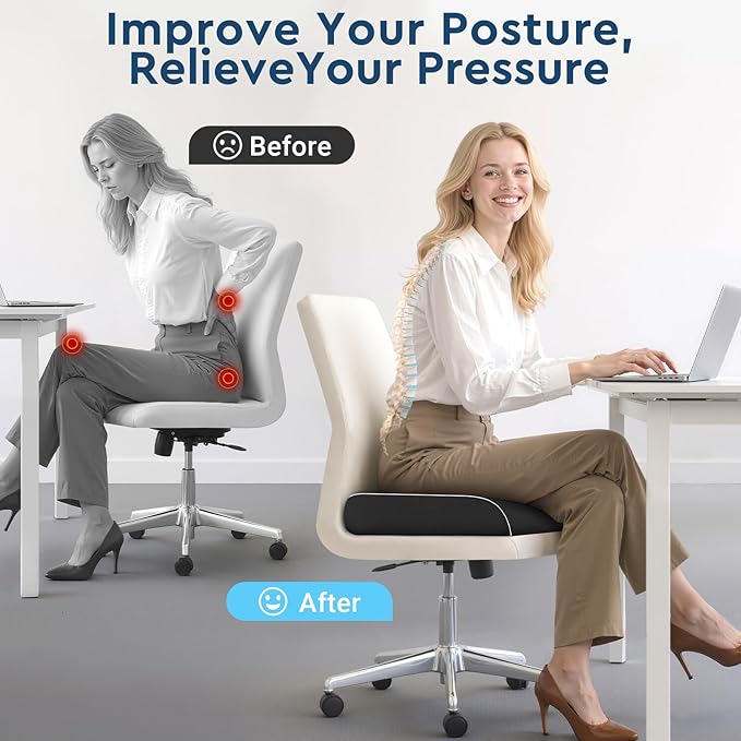 SofterCharm Seat Cushion, Memory Foam Office Chair Cushions for Long Sitting Hours, Chair Pad for Sciatica, Coccyx, Tailbone, Hip Pain & Pressure Relief, Office, Home,Car Seats,Airplane, Black/X-Large