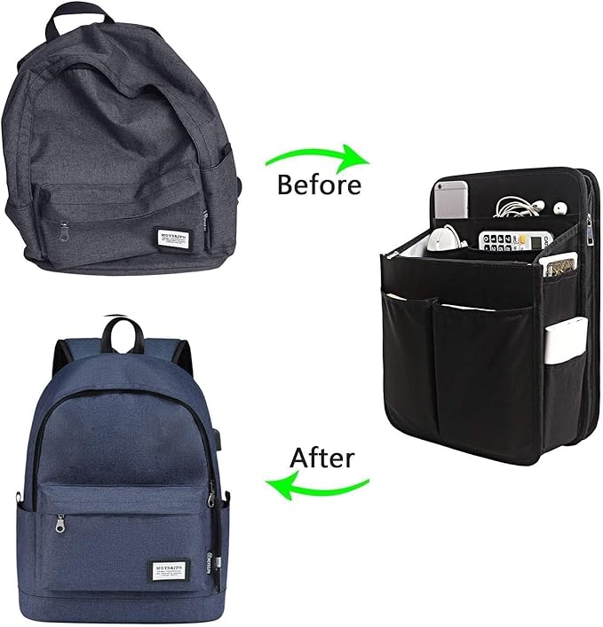 Yoillione Backpack Organizer Insert for Men and Women with Base Shaper - Lightweight Bag Organizer with High Capacity, 17 Pockets with Zipper (13'' Height, Black)