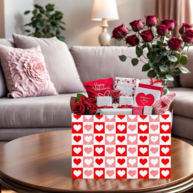 ASKETAM Valentine's Day Basket for Gifts Empty Cute Heart Large Gift Basket Decorative Storage Bin for Kid and Baby Room Décor (Red Checkered Heart)