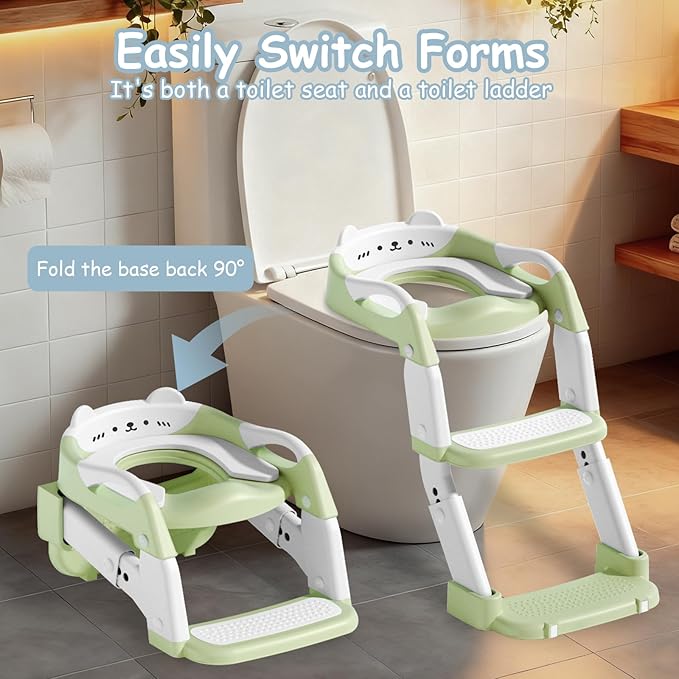 3-in-1 Baby Potty Training Seat with 2 Step Ladder, Splash Guard Anti-Slip Pad, Height Adjustable Toddler Toilet Seat with Soft Cushion for Kids Boys Girls(Green)