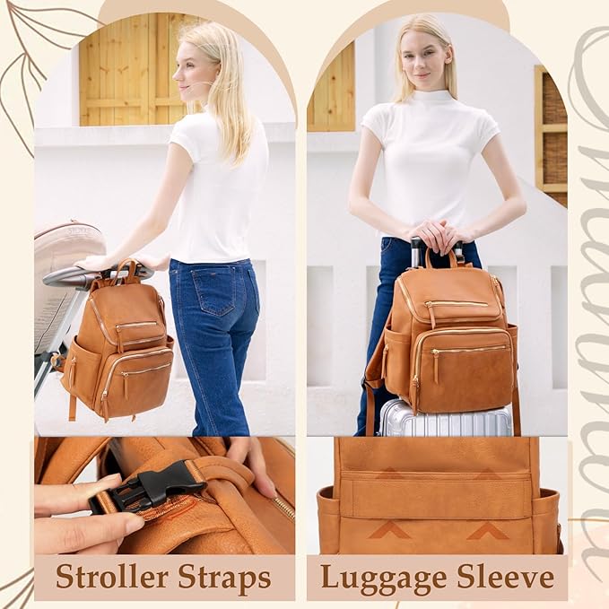 Omanmoli Diaper Bag Backpack Large Baby Diaper Bag Leather with 17 Diaper Bag Organizing Pouches,Changing Pad,Stroller Straps,4 Insulated Pockets,Honey