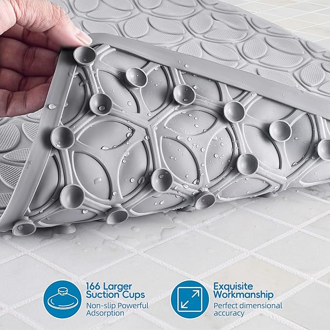 Bathtub Mat Non Slip with Suction Cups - 100% Rubber Bathroom Mat Textured for Bath Tub Shower Safety - Soft on Touch - BPA/PVC Free - Pet Dog Bath Mat - Machine Washable - 16 × 28 Inch（Gray）