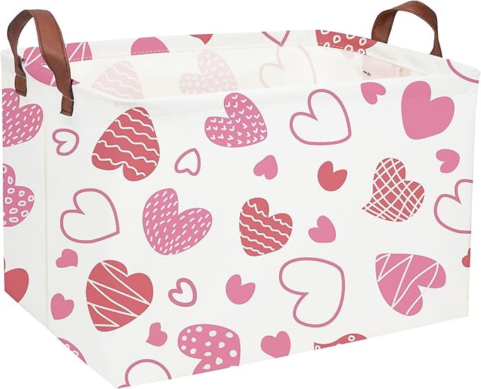 Essme Rectangular Pink Basket,Heart Storage Bins Organizer with Handles for Girls Room Decor, Heart Basket,Shelf Basket.(Pink Heart)