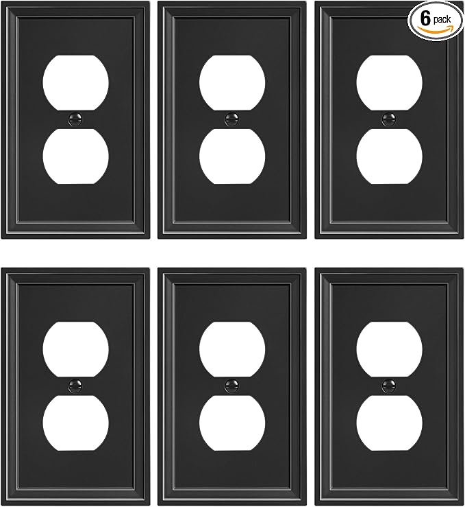 6-Pack Duplex Outlet Cover, Natural Bamboo Fiber Switch Plates and Outlet Covers, Black Decorative Wall Plates for Electrical Outlets, 1 Gang Receptacle Cover, Corrosion Resistant