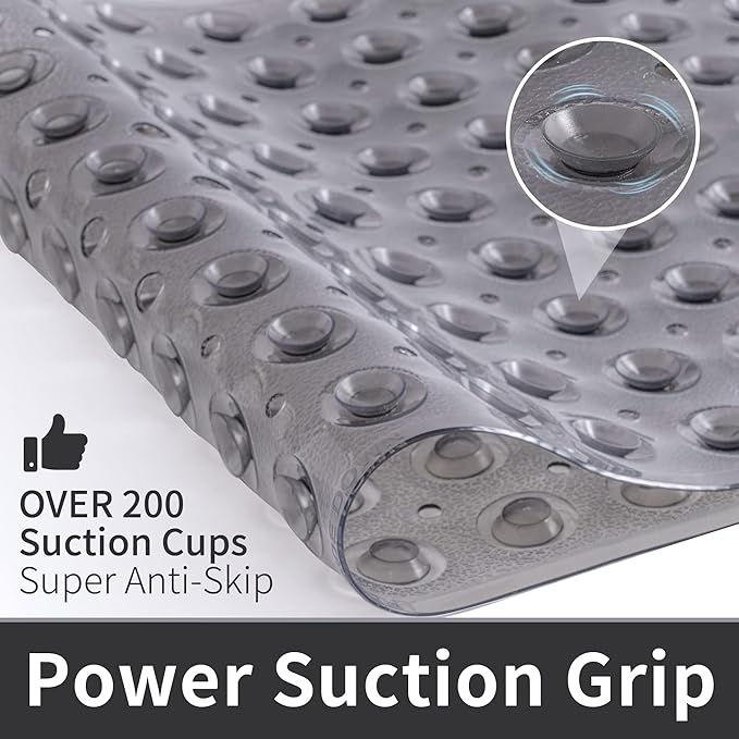 ROSMARUS Extra Long 16” x 39” Non-Slip Bathtub Mat, Shower Mat for Tub with Suction Cups and Drain Holes Bathtub Mats for Kids, Baby, Bathroom Shower Floor Mat Anti Slip Bathtub Accessories, Grey