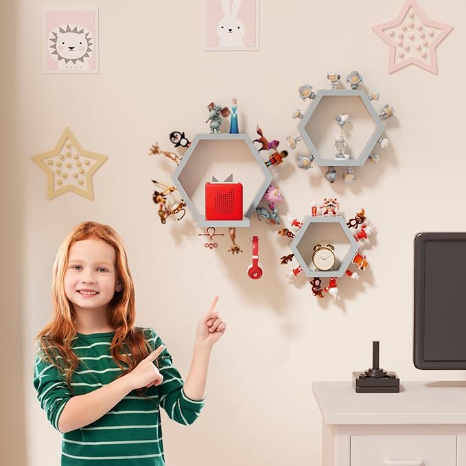 Hexagon Tonies Shelf Magnetic - Tonies Storage Shelf Set of 3 for Kid Room, Wooden Magnetic Display Shelf for TonieBox Holder, Wall Floating Shelves Toy Storage Compatible with Tony Accessories(Grey)