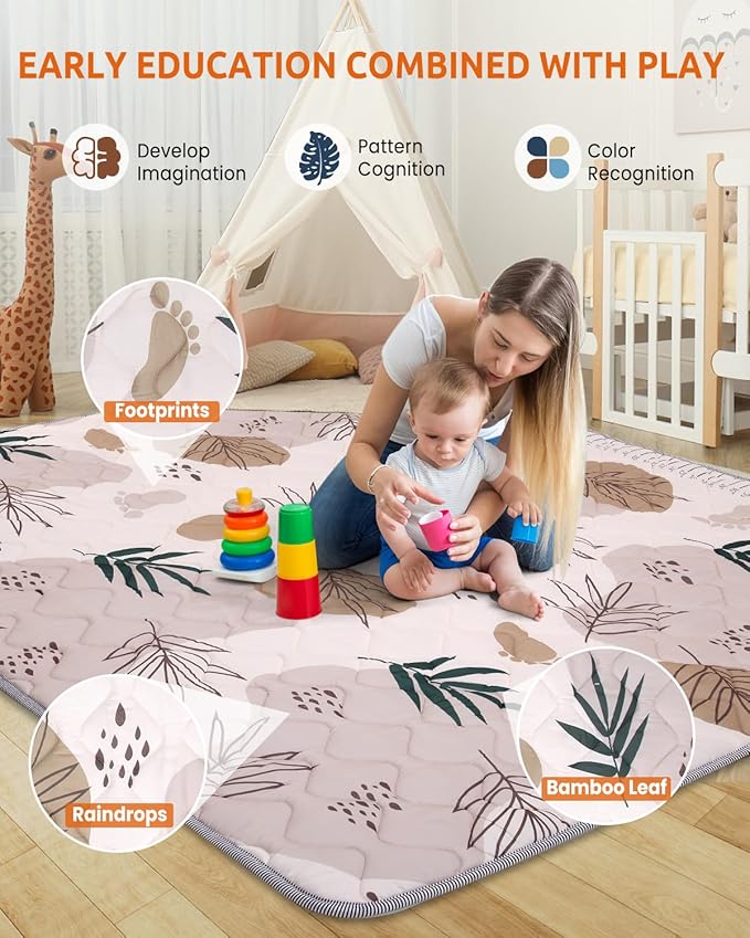71x59 Playpen Mat Foam, Large Baby Play Mat for Babies Kids Toddlers Infants Floor Crawling, Washable Cushioning Padded Playmat for Indoor Outdoor, Baby Gifts for Boys Girls, Boho Leaf