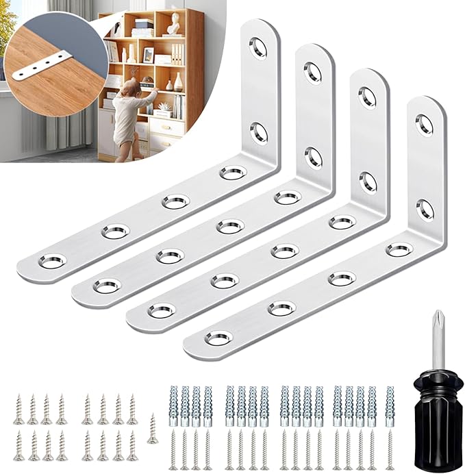 Anti-Tip Furniture Brackets for Baby Proofing – Heavy-Duty Wall Anchors to Secure Dresser, Bookshelf, Cabinet & Shelf (4 Items)