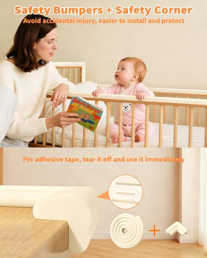 QYV Edge Corner Protector Baby Proofing, 6.56FT 0.6'' Thicken L-Shape Furniture Fireplace Safety Bumper Guard with 6 Corners, Pre-Taped, Soft NBR Rubber Foam, Table Edge Protector for Baby (Beige)