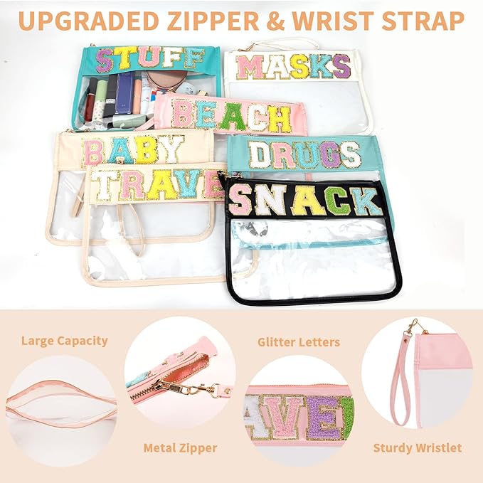 Iqimott Chenille Letter Clear Bag Travel Pouch, Monogram PVC & PU Makeup Cosmetic Bag Zipper Toiletry Pouch, Waterproof Portable Beach Snack Wristlet Bags for Women Girls(Travel, Pink)