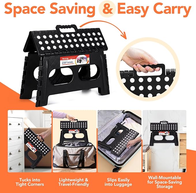 ACSTEP Foldable Step Stool for Kids and Adults,15-Inch Extra Wide 9-Inch Height (2 Pack) More Safe and Comfortable Holds Up to 300 lbs Folding Step Stool for Bathroom, Garden, Kitchen（Black）
