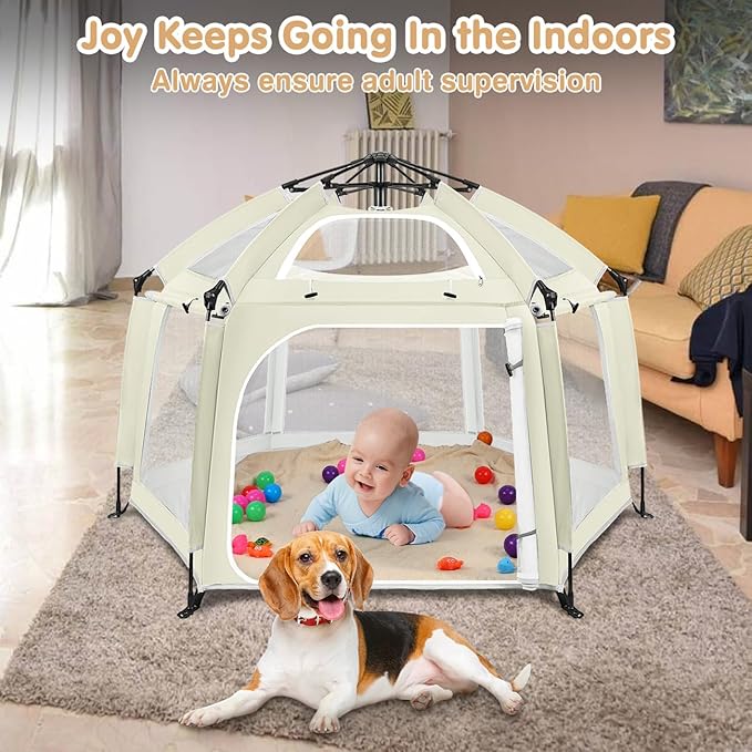 Zooawa Pop Up Playpen for Baby, Portable Playpen for Babies and Toddlers with Removable Sun-Shades& 2 Side UV Covers, Lightweight Outdoor Baby Play-Pen for Beach Home with Travel Bag, Beige