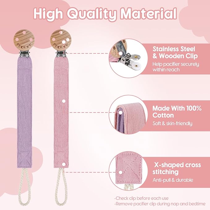 TYRY.HU Ribbon Baby Pacifier Clip Holder, Binky Paci Holder Clips, Pacifier Leash, Soft Webbing Strap, Universal Binky Leash, 2 Pack, Rose, Purple