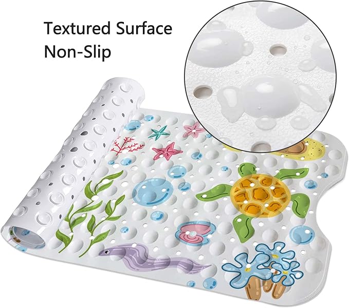 KINUUIS Bathtub Mats for Kids, Cartoon Bath Mats for Bathroom Non Slip, Large Washable Shower mats for Showers with Drain Holes and Suction Cups (Jellyfish, 40 X 16 Inch)
