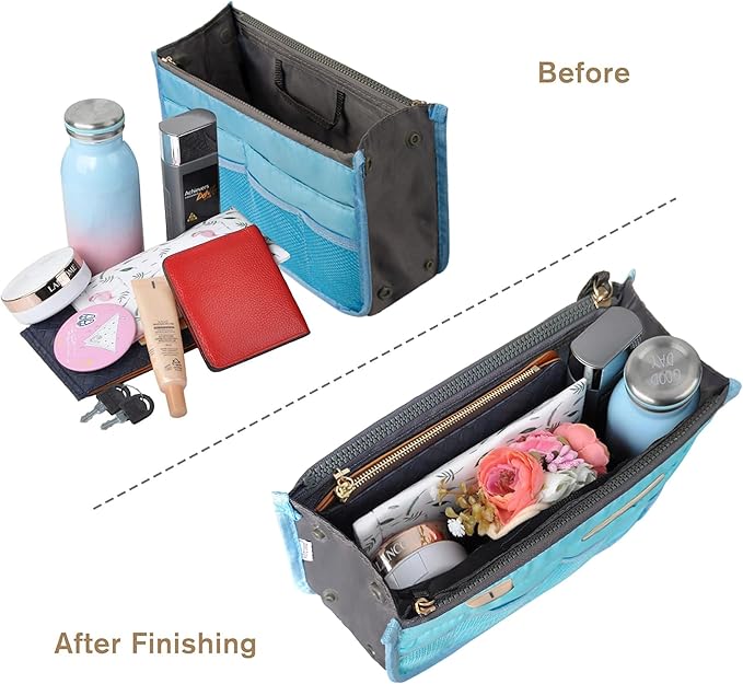 Vercord Purse Organizer Insert for Handbags Bag Organizers Inside Tote Pocketbook Women Nurse Nylon 13 Pockets Blue Small