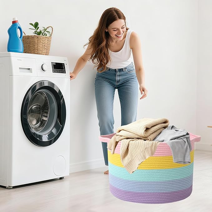 Large Storage Basket with Handle,19.7" L x 19.7" W x 13" H Blanket Basket Storage Bins for Organizing,65L Cotton Rope Woven Baskets for Living Room, Nursery,Bedroom,Colorful