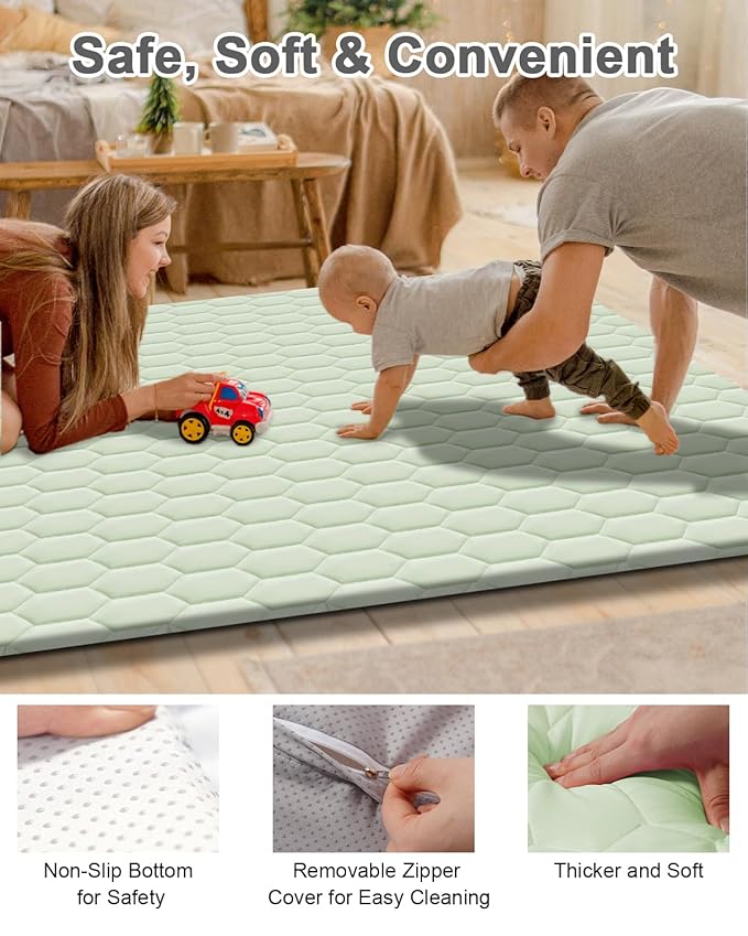 TINYHARBO Premium Foam Baby Play Mat 71" x 59" with Removable Cover, Extra Thick Padding Playpen Mat, Non-Slip Floor Mat, Stylish & Easy to Clean for Crawling Baby, Infants & Toddlers, Green