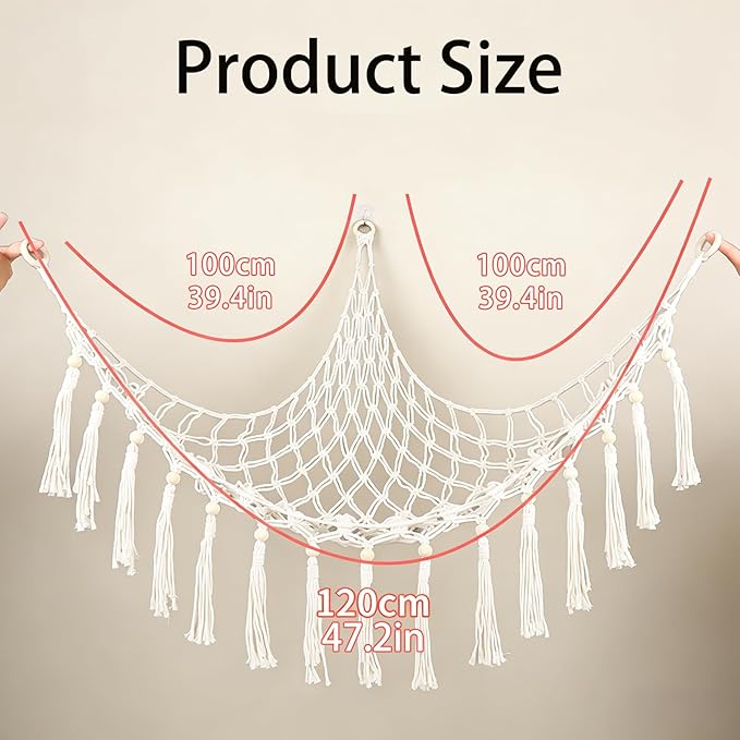 Large Stuffed Animal Hammock, Plush Toy Storage Net for Kids Room, Nursery & Bedroom Organizer with Wooden Rings