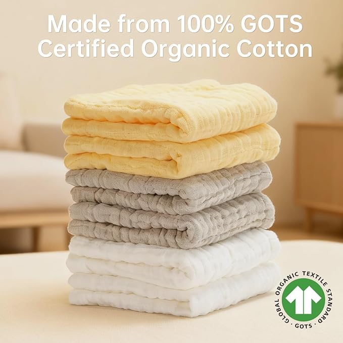 Bear Rocket Organic Muslin Baby Washcloths 6 Pack Baby Bath Face Towel 12x12 Inch Extra Absorbent and Soft Burp Cloth and Wash Cloths for Newborn-Infants On Sensitive Skin (White Brown Yellow)
