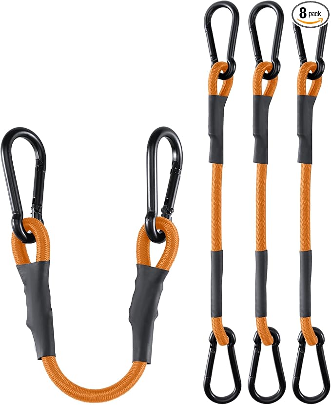8 Pack 48 Inch Heavy Duty Bungee Cords with Carabiner Hooks, 190 lbs Max Strength Bungee Straps for Cargo, Bike, Cart, Roof Rack, Truck, Tent, Camping, Motorcycle, Outdoor Storage and More, Orange