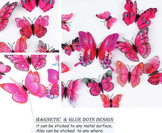 OPSEAM Butterfly Wall Decor 24/48 PCS, 3D Butterflies Stickers for Party Decorations with Magnets (Purple&red, 48)