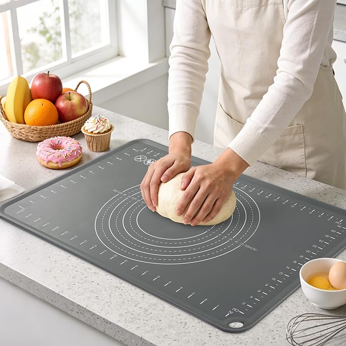 Silicone Pastry Mat 24" x 16" Baking Mat with Measurements and Edge Heightening, Thick Non-slip Food Grade Silicone Pad for Countertop Rolling Kneading Dough, Bread, Cookies,Pizza, Fondant,Dark Gray