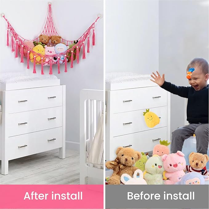 Stuffed Animal Hammock, 55in Storage Macrame Hammock with 75LEDs, Hanging Net for Kids Bedroom Doll Room Corner Organizer, USB Powered Plush Animal with Remote (Hot Pink, XL)