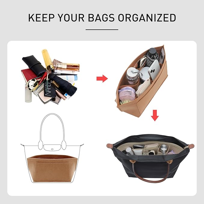 Felt Purse Organizer Insert Compatible with Longchamp Le Plaige M Tote Bag(Long Handle), Zipper Long Champ Medium Organizer with Cup Holder for Tote Handbags, 8 Compartments (Gold Brown,M)