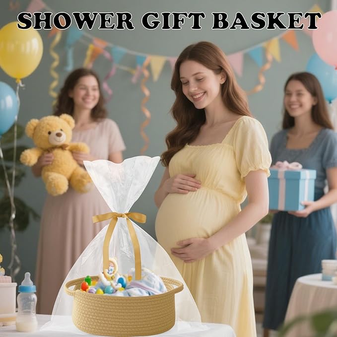 Small Woven Rope Basket-Empty Gifts Basket with Bag and Ribbons,Cute Handle Organizer Box for Birthday/Baby Shower, Toy Storage, Nursery Organizing & Shelf Decor(Jute)