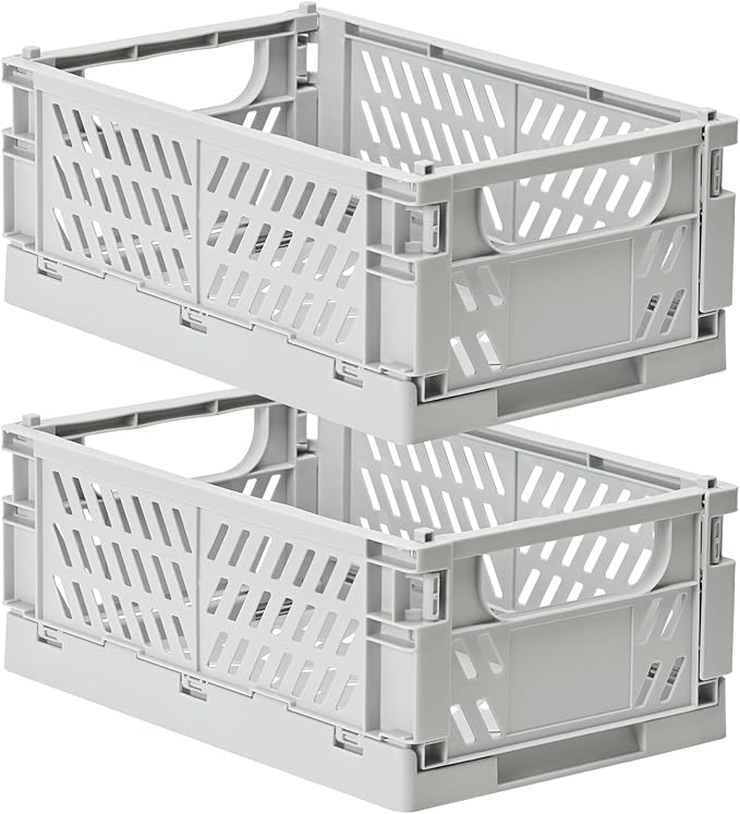 HUUSMOT 2-Pack Small Pastel Plastic Storage Baskets, Collapsible Crates for Organizing, Space-Saving Mini Bins for Classroom, Kitchen, Office, Bedroom (Grey, 9.8" x 6.5" x 3.8")