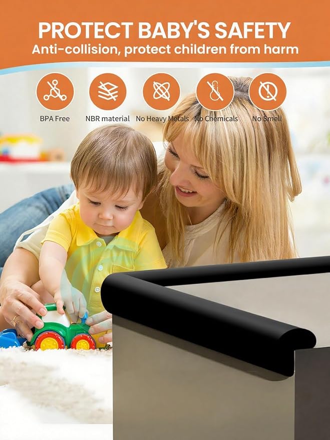 QYV Baby Proof Edge Corner Protector, 6.56FT 0.47''Th L-Shape Furniture Corner & Edge Safety Bumpers with 6 Corners, Pre-Taped, Soft NBR Rubber Foam Desk Edge Cushion Wall Corner Protector（Black）