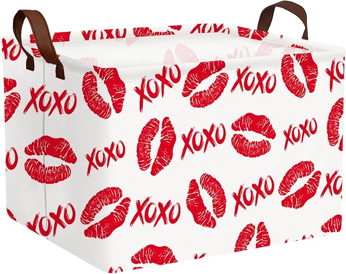 ASKETAM Valentine's Day Basket for Gifts Empty Cute Heart Large Gift Basket Decorative Storage Bin for Kid and Baby Room Décor (XOXO Red Lips)