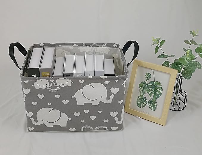 DUYIY Rectangle Gift Storage Basket Home Shelf Storage Basket Organizer Box Clothes Laundry Hamper Nursery Basket Laundry Basket with Handles (love elephant)