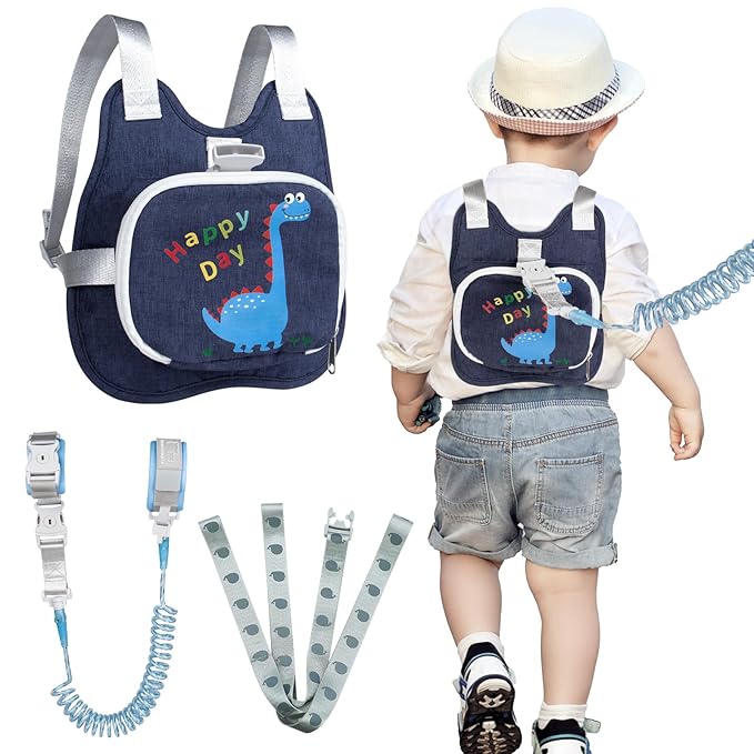 Toddler Harness Backpack Leash with Wrist Link | Cute Dinosaur Anti-Lost Walking Strap for Kids | Foldable & Adjustable Child Safety Belt for Boys & Girls
