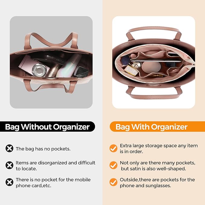 SDANG Purse Organizer Insert with Zipper – Pink Handbag & Tote Bag Organizer | Bag-in-Bag Insert with Pockets for Purses, Totes & Travel(Pink,Medium 28)