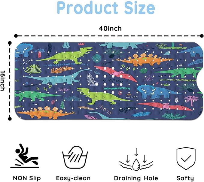 KINUUIS Bathtub Mats for Kids, Cartoon Blue Dinosaur Bath Mat for Tub Non Slip, 40 X 16 Inch Large Washable Bathtub Mat Non Slip for Showers with Drain Holes and Suction Cups